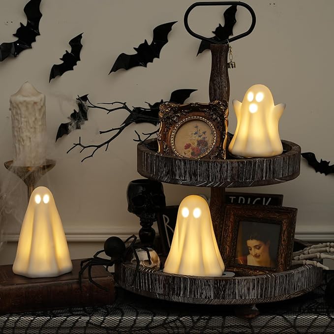 [Timer]Light Up Ghost Halloween Decor, 3 Pack Ceramic Halloween Ghost Decorations Indoor, Ceramic White Ghost Figurines Ghost Statue Cute Ghost Sculpture Spooky Halloween Decor for Home Table Tray