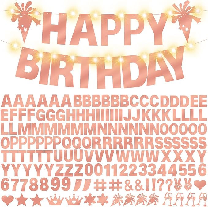 175Pcs Glitter Customizable Banner Kit DIY Custom Letter Banners DIY Happy Birthday Letters 0-9 Numbers Personalized Banner Decor For Wedding Birthday Party Decorations Supplies(Shiny Rose Gold))