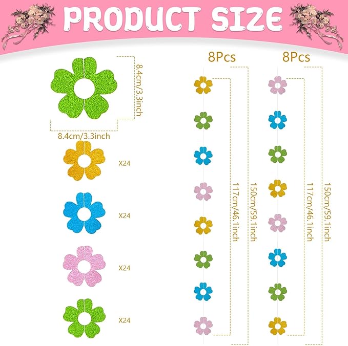 12 Pack Spring Floral Glitter Garland Hanging Banners Colorful Flowers Double Side Twinkle Garlands Decor Party Supplies for Spring Easter Home Classroom Wedding Mantel Fireplace Wall Party Favors