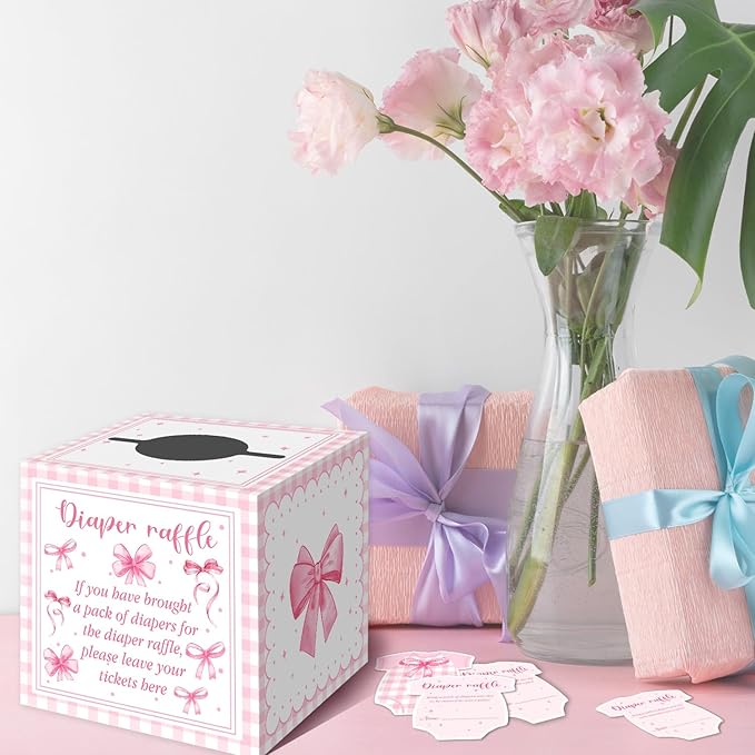 Pink Bow Baby Shower Decorations, Pink Bow Diaper Raffle Box for Baby Shower with 50PCS Cards Kids' Party Centerpieces, Baby Shower Game for Girl Baby Shower Decorations for Girl