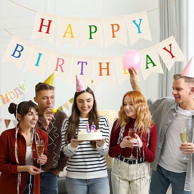 Doumeny Happy Birthday Burlap Banner Boho Birthday Garland Banner Rainbow Bohemian Bunting Garland White Birthday Hanging Bunting Multicolor Birthdays Sign Party Flag for Home Mantel Fireplace Nursery