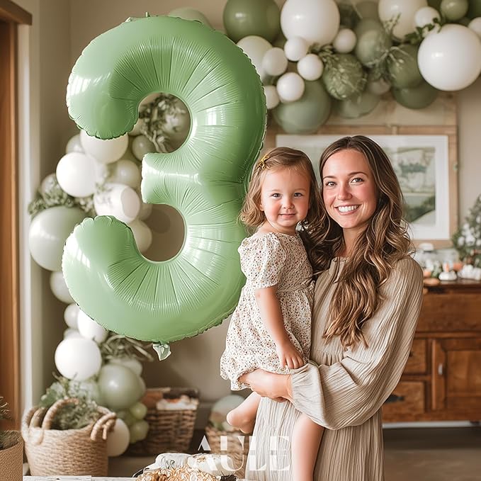 AULE 40 Inch Large 3 Balloon Numbers Sage Green, Big Foil Number Balloons, Giant Helium Happy Birthday Party Decorations for Man and Women, Huge Mylar Anniversary Party Supplies