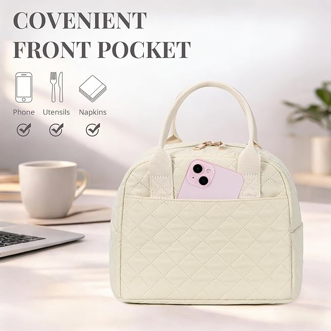 Lunch Bag for Women, Insulated Lunch Box, Reusable Water-Resistant Lunchbox Cooler with Front Pocket, Large Capacity Lunch Tote Bag for Work, Travel, Picnic