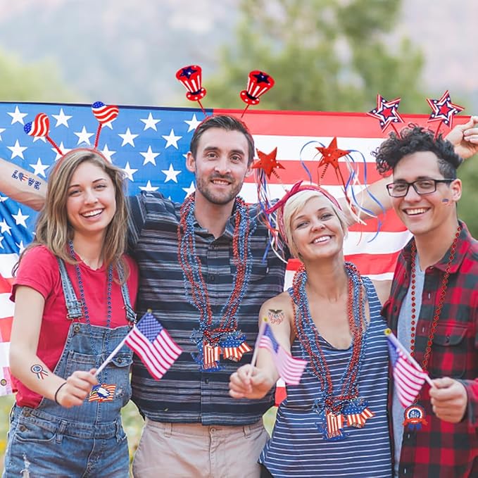 UMEELR 104 Pcs Patriotic Party Supplies, 4th of July Accessories with Necklaces Headbands Flags Tattoo Stickers for Independence Day Celebration Decorations