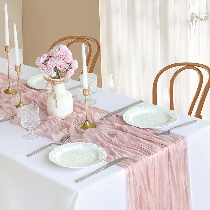 Pink Cheesecloth Table Runner, 10FT Dusty Pink Boho Gauze Table Runner for Spring Easter Mother's Day Baby Shower Bridal Shower Wedding Tea Party Table Centerpiece Decorations