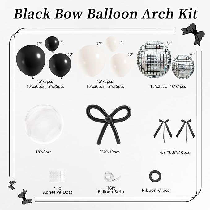 JOGAMS 175Pcs Black Bow Balloons Arch Kit with 260 Clear Disco Ball Balloons Black Ribbon Bow for Bow Coquette Birthday Baby Shower Decorations Bachelorette Bridal Shower Party