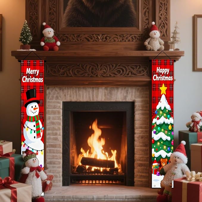 Nuxovilar Winter Merry Happy Christmas Snowman Tree Decor Polyester Banner 12x70.86 Inches Christmas Door Banner, Lively Decor for Bedroom, Balcony, Holiday Celebrations