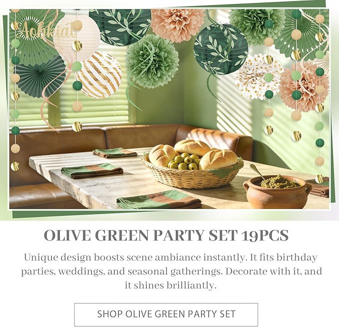 AOBKIAT Sage Green Party Decorations Kit for Birthday,Paper Decor with Flower,Lantern,Party Garland,Streamers for Netural Baby Shower,Bridal Shower,Boho Wedding,Bachelorette,Woodland Theme Parties