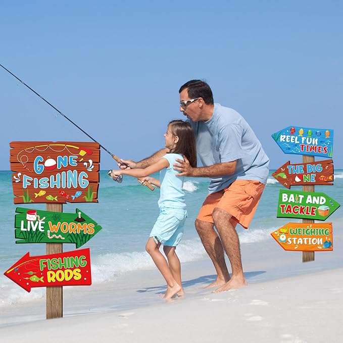 Hooqict 20 Pieces Gone Fishing Sign Fishing Birthday Party Decorations Welcome Direction Signs for Kids Summer Birthday Party Supplies Retirement Decorations Baby Shower Fish Cutouts