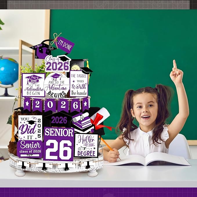 22 Pcs 2026 Graduation Tiered Tray Decor Sets Wooden Graduation Class of 2026 Table Decorations Senior 2026 Gown Diploma Farmhouse Signs for Home Shelf Party Office Desk(Purple)