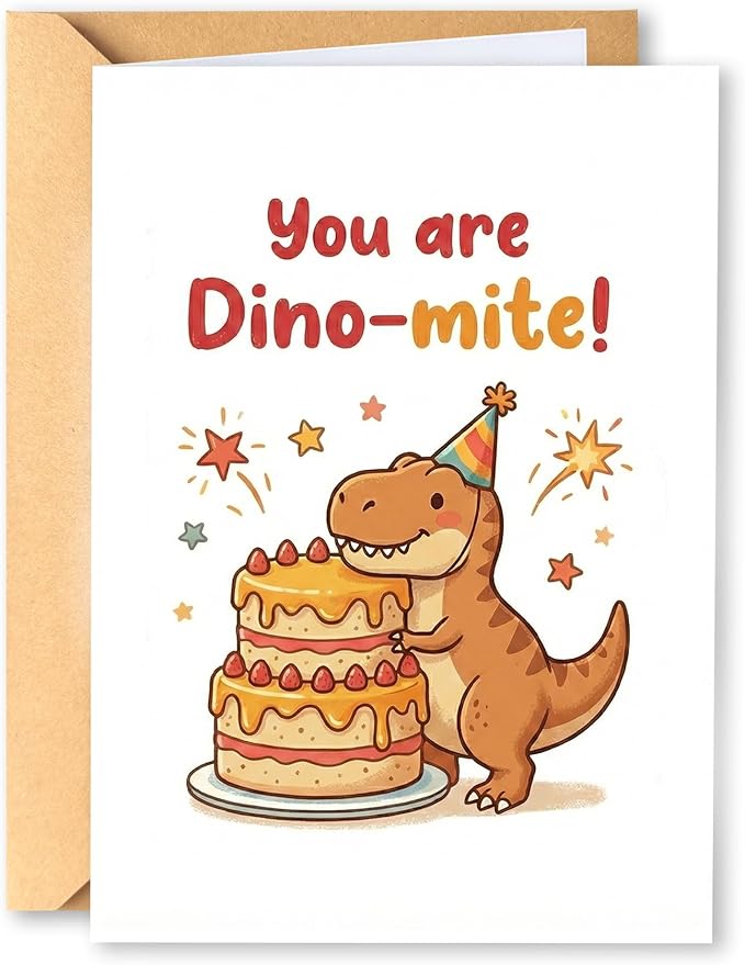 Cute Dinosaur Birthday Card for Kids Adults, Funny T-Rex Dino-Mite Pun Greeting Card, Awesome Bday Gift for Boy Girl Friend, Unique