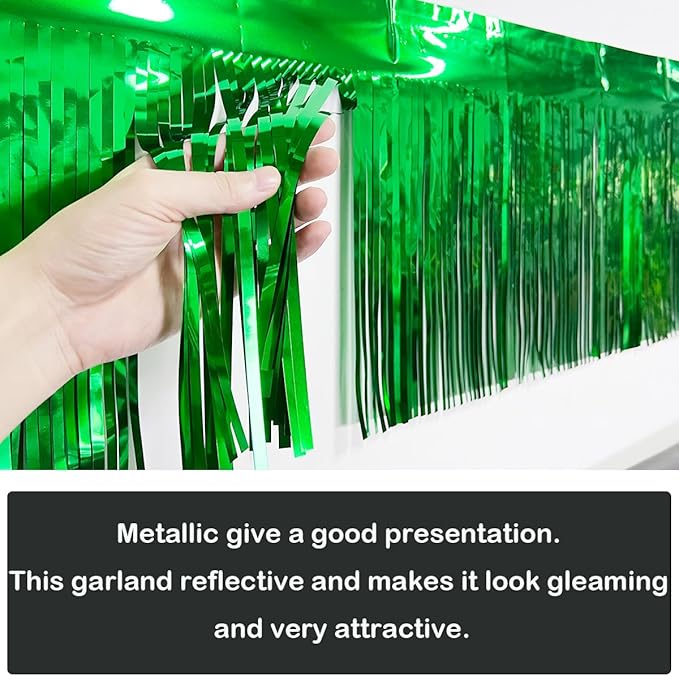3 Pack Total 30 Feet Green Foil Fringe Garland Metallic Wall Hanging Drapes Tassel Skirting Tinsel Streamers Decorations for Parade Float Trailer Mardi Gras Party Birthday St. Patrick's Day