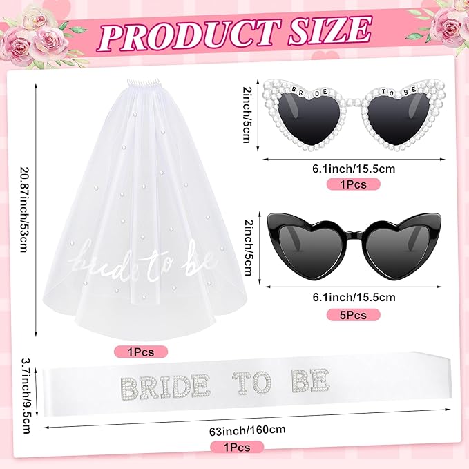 8 Pcs Bachelorette Party Bride to Be Decorations Pearl Heart Sunglasses Pearl Sash Bridal Veil for Wedding Engagement Bridal Shower Favors