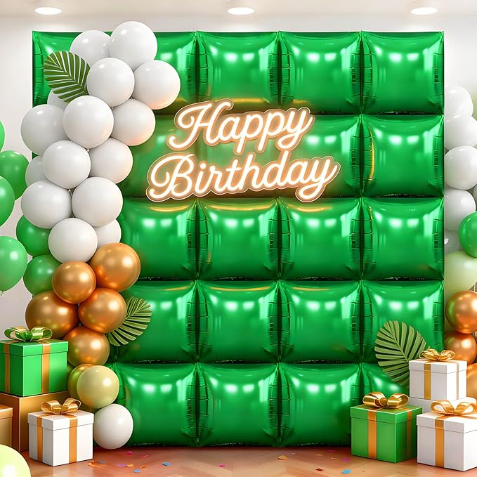 36Pcs Green Square Foil Balloons Wall Backdrop, Double Sided Metallic Foil Balloons Tunnel Arch Garland Kit for Photo Booth Birthday Wedding Halloween Christmas Party Decorations