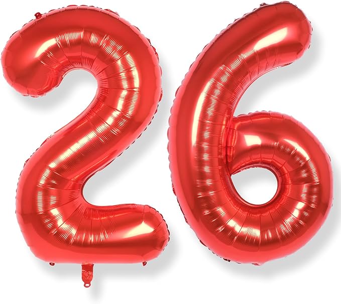 AULE 40 Inch Big Red Foil 26 Number Balloons for Women Large 26th Happy Birthday Decorations Giant Huge Helium Mylar 62 Anniversary Party Décor