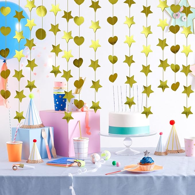 Gold Dot Heart Star Streamers 19.8 Feet Paper Garlands Glitter Disco Garland Hanging Banner for Birthday Homecoming Classroom Mothers Day Wedding Engagement Birthday Party Supplies