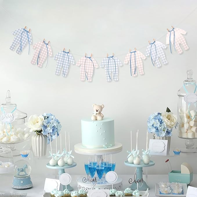 Blue and Cream Baby Onesie Garland – 8 PCS Big Size Baby Shower Banner, Baby Clothesline Garland, Blue Plaid Baby Bodysuit Cutouts for Gender Neutral Baby Shower or Nursery Decor