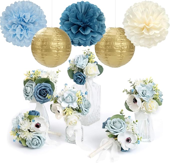 Dusty Blue Champagne Gold Beige Paper Flowers Tissue Pom Poms Honeycomb Lanterns 15pcs Party Decorations Boy Birthday Wedding Baby Bridal Shower Hanging Supplies Mprocherify