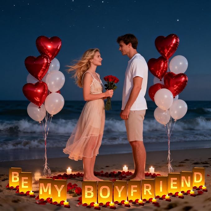Be My Boyfriend Light Up Letters, Include Light up Letters, with Tea Lights Candles, Latex Balloons, Aluminum Balloons and Rose Petals, Anniversary and Valentines' Day Decorations for Women