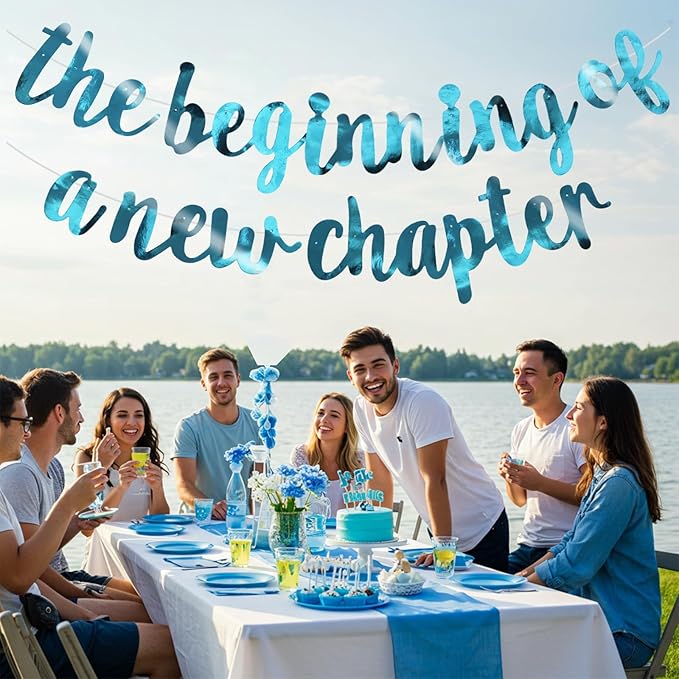 BEISHIDA Double-Sided Lake Blue The Beginning of A New Chapter Banner,Farewell Book Themed Housewarming Party Congratulations Decorations,Going away party Retirement Garland,Graduation Sign 2026 Banner