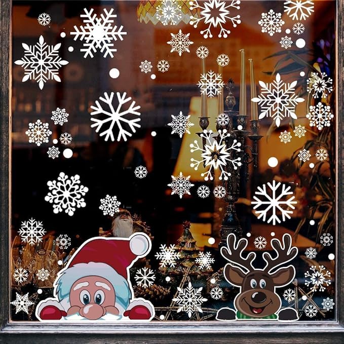 300 PCS 8 Sheet Christmas Snowflake Window Cling Stickers for Glass, Xmas Decals Decorations Holiday Snowflake Santa Claus Reindeer Decals for Party (Pack of 2)