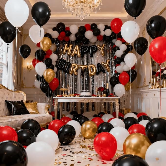 400 Pcs Black White Gold and Red 12 Inch Bulk Latex Assorted Color Balloons for Casino Theme Birthday Weddings Party Decorations