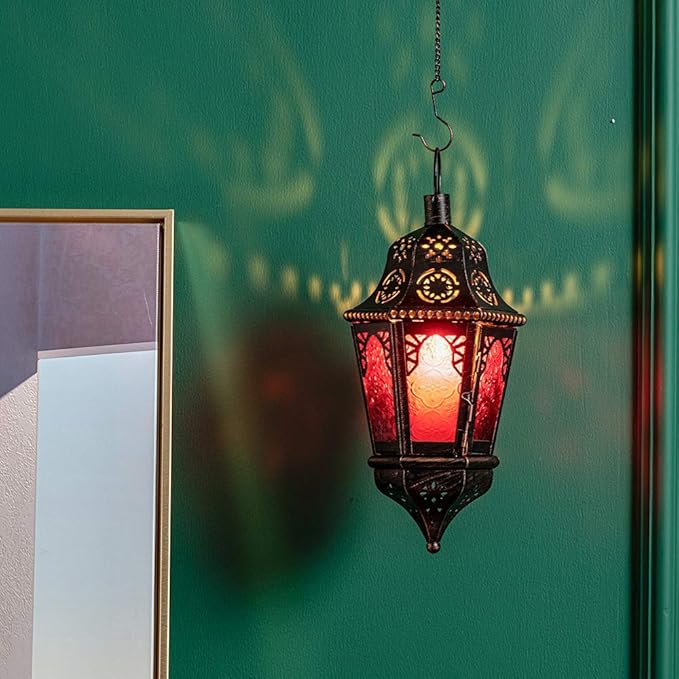 DECORKEY Moroccan Decorations, Lantern Decorative Indoor & Outdoor, 13.6’’ Vintage Decorative Hanging Lantern with Chian for Home Porch Patio Decor, Metal Ramadan Christmas Candle Holders(Plum Red)