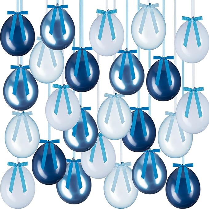 TaoBary 24 Set Pastel Blue Party Balloons, 12inch Gradient Blue Rainbow Latex Balloons and Gradient Ribbon Bows with Twist Tie for Baby Shower Birthday Party Bridal Shower Decor