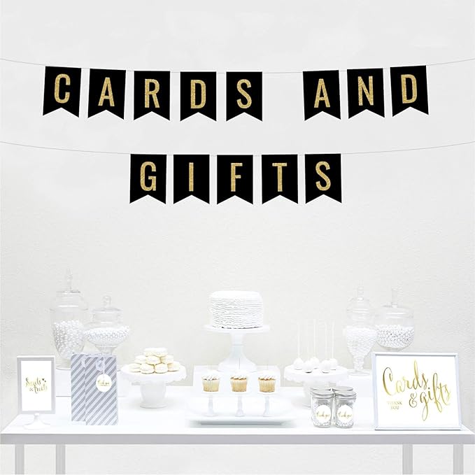 Andaz Press Faux Gold Glitter on Black Party Banner Decorations, Cards and Gifts, Approx 5-Feet, 1-Set, Birthday Wedding Baby Shower Colored Hanging Pennant Decor