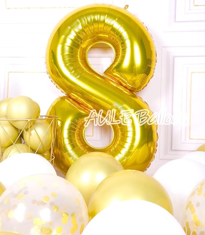 AULE 40 Inch Big Gold 8 Balloon Number Large Foil Helium Number Balloons 0-9 Jumbo Giant Happy 8th Birthday Party Decorations for Boy or Girl Huge Mylar Anniversary Party Supplies