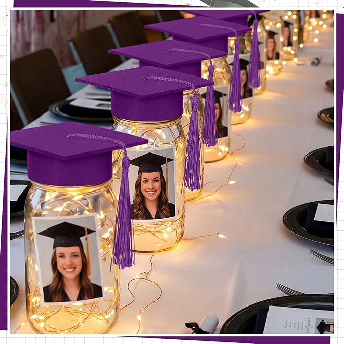 Boao 16 Sets Graduation Table Decoration Set with LED Light up Graduation Decorations for Class of 2026, Grad Jar, Felt Grad Hat and Stickers for High School College(Purple,Vivid)