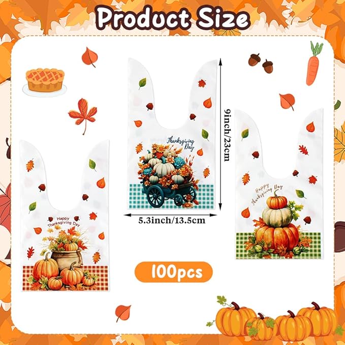 ldyllicStyle Thanksgiving Fall Treat Bags, 100 PCS Goodie Candy Snacks Gift Rabbit Ear Bag, Plastic Goody Snacks Bag for Thanksgiving Autumn Fall Harvest Holiday Party Favors Decoration Supplies White