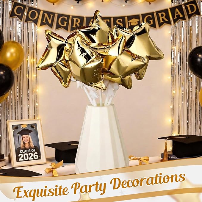 30 Pcs Star Self Inflatable Balloons with Bow Stems Star Foil Balloons Mini Pentagram Decoration for Patriotic Independence Day Graduation Birthday Baby Shower Anniversary(Gold,6 Inches)