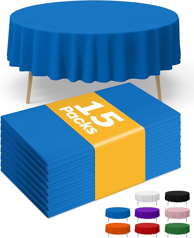 Blue Plastic Table Cloth Round Table 15 Pack, 84'' Tablecloth for Graduation Decorations Class of 2025, Table Cloth for Disposable Use, Table Cover for Holiday Party, Gathering