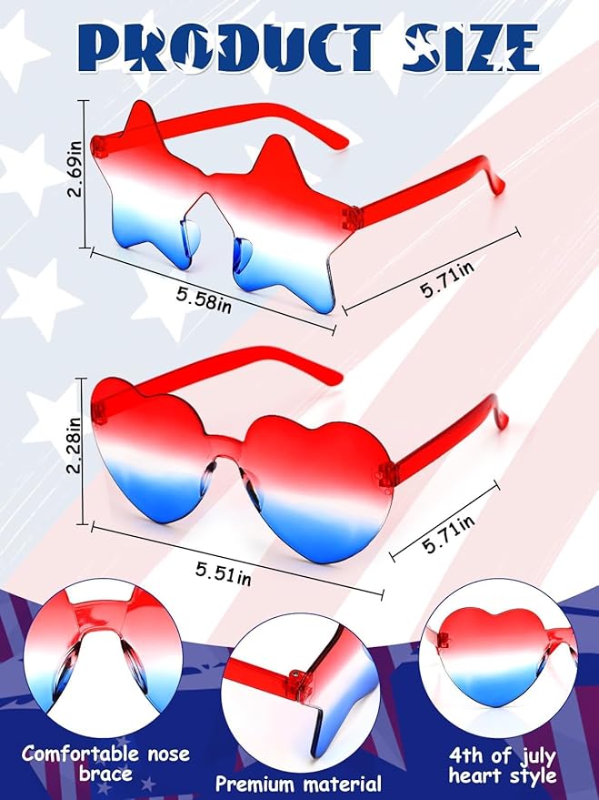 12 Pairs Heart Shaped Sunglasses Rimless Star Glasses for Men Women Party Favors Fun Colorful Glasses Accessories