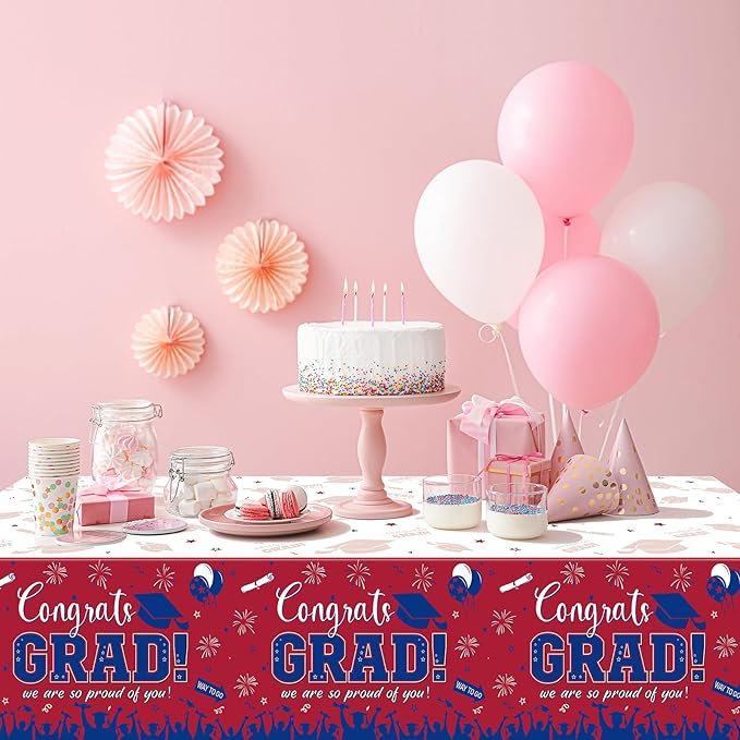 3 Pack Graduation Tablecloth Party Decorations, Class of 2026 Congrats Grad Plastic Tablecover Party Supplies, Red and Blue Rectangle Graduation Table Decor for College High School Party, 54 x 108Inch