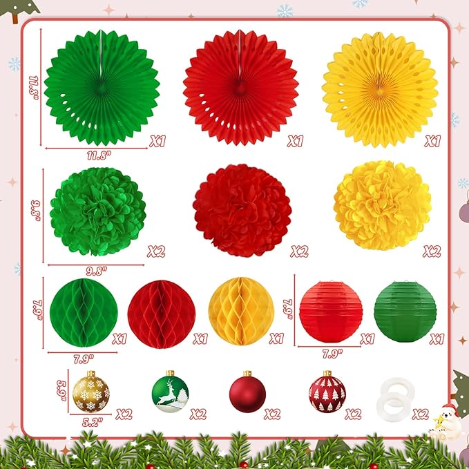 22pcs Christmas Party Decorations Indoor – Red Green Gold Paper Fans, Hanging Lanterns, Honeycombs, Pom Poms, Xmas Ball-Shaped Cards for Holiday, Office Decor