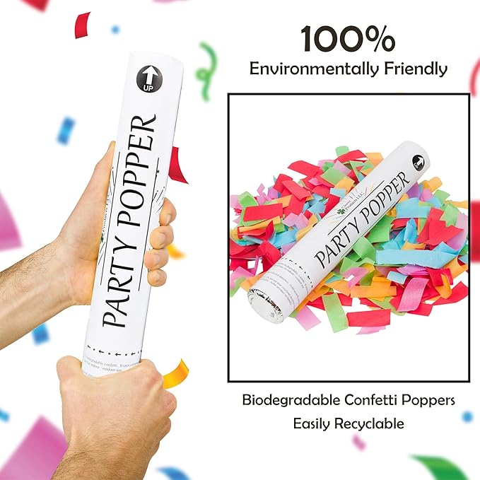 12" Biodegradable Confetti Cannons | 6 Pack Confetti Poppers for Weddings, Birthdays & Parties | Air-Powered Party Poppers Shoot 25 Feet | Safe for Indoor & Outdoor