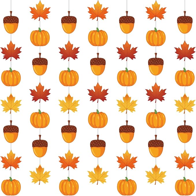 Xinnun 8 Pcs Fall Hanging Decorations Thanksgiving Ceiling Hanging Decor Fall Maple Leaf Pumpkin Acorn Paper Banner Autumn Garland Backdrop for Thanksgiving Party Indoor Outdoor Wall Door Decor