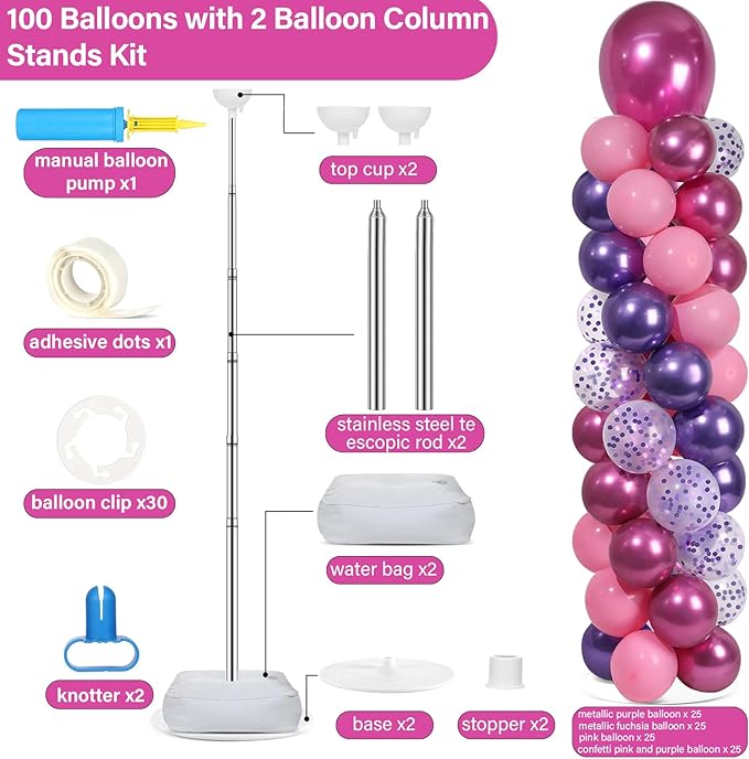 2 Sets Pink and Purple Balloon Column Stand Kit with 102 Balloons Adjustable Balloon Tower Stand with Bases for Floor Confetti Balloons Column Kit for Graduation Birthday Appreciation Party Decor