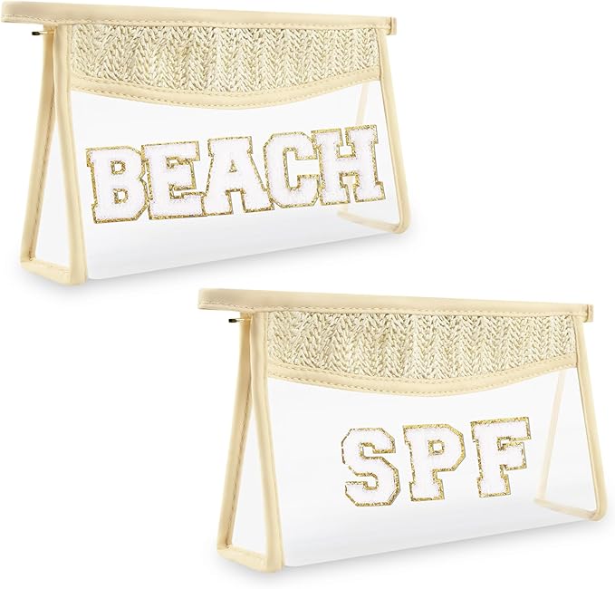 2Pcs Boho Patch SPF Bag Clear Makeup Letter Bag, Waterproof Zipper Make up Bags Toiletry Pouch for Women Girls, Clear Letter Patch Cosmetic Bags Transparent Organizer Pouch for Travel(SPF, Beach)
