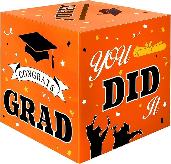 Graduation Card Box, Graduation Party Decorations 2025, Graduation Box, Graduation Card Holder, Foldable Cardboard Congrats Grad Card Gift Box for Graduation Party Supplies Party Favors Orange
