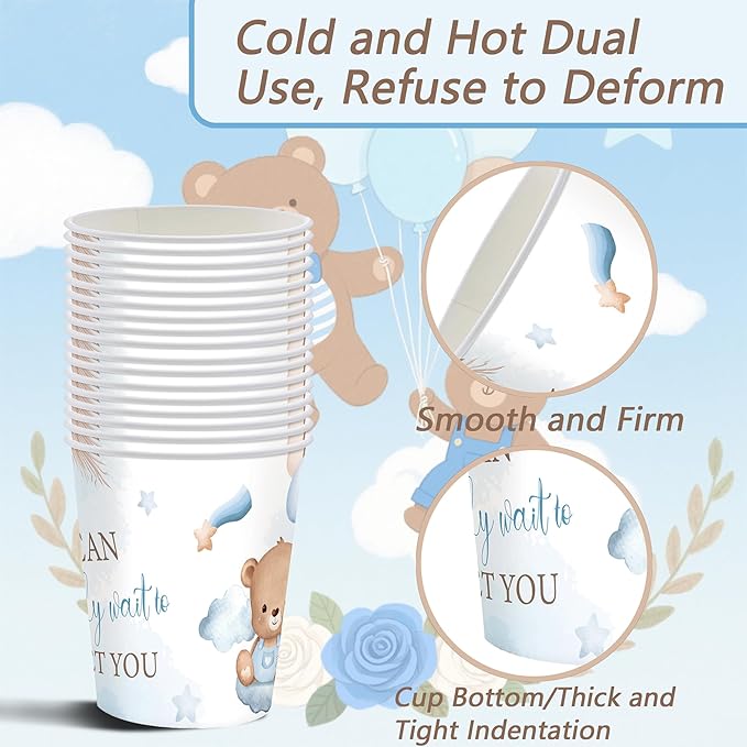 Baby Shower Party Supplies Set, We Can Bearly Wait Theme, 141 Pieces with Plates, Napkins, Cups and Tableware for 20 Guest Blue and Brown Bear Design Cuterly for Bear Babys Party