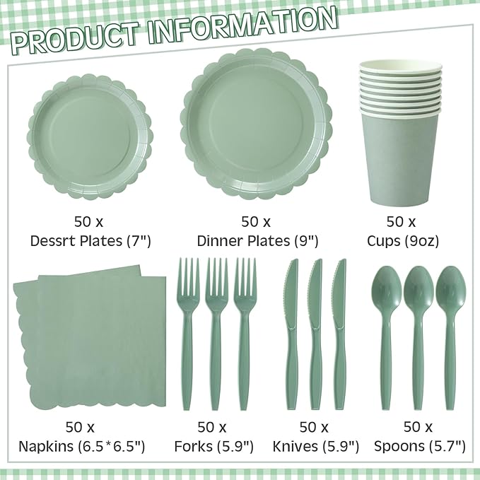 350 Pcs Sage Green Plates and Napkins, 50 Guest Easter Spring Party Supplies Include Scalloped Paper Plates Napkins Cups Plastic Spoons Forks Knives Disposable Tableware Set for Baby Shower