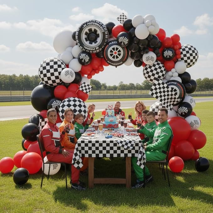 Race Car Balloon Arch Kit -153Pcs Different Size Balloons and Tire Flags Checkered Black Red White Balloon Garland Kit for Racing Car Two Fast 2nd Theme Birthday Anniversary Party Decorations
