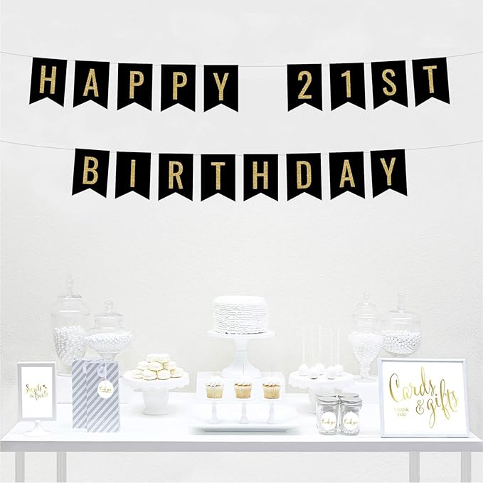 Andaz Press Faux Gold Glitter on Black Birthday Party Banner Decorations, Happy 21st Birthday, Approx 5-Feet, 1-Set, Colored Hanging Pennant Decor