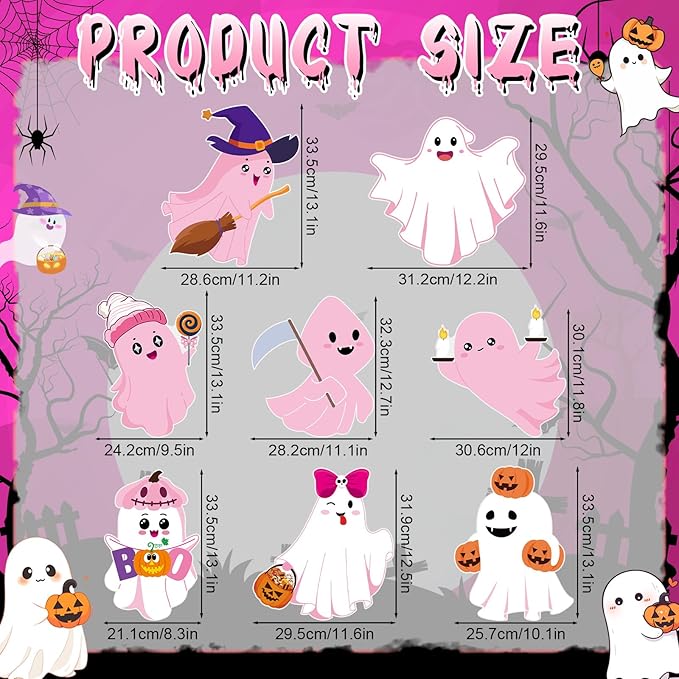 Amyhill 8 Pcs Lighted Cute Ghost Yard Signs Halloween Decorations Outdoor Yard Stakes Spooky Pumpkin Ghost Witch Garden Signs with Stakes for Halloween Happy Boo Party Lawn Patio Outdoor(Pink)