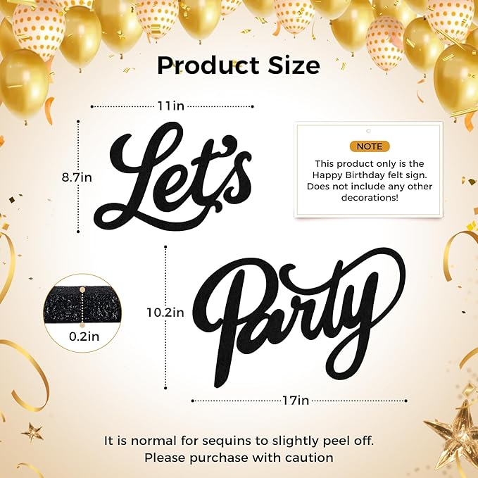 Babenest Let's Party Felt Sign, Black Reusable Letter Banner for Backdrop, Balloon Arch Decor, Party Supplies for Graduation, Birthday, Wedding, Bachelorette, Christmas, Home Bar, Man Cave Wall Decorations