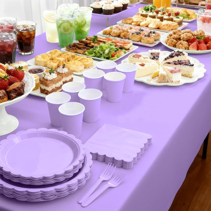 176 PCS Purple Party Decorations - Light Purple Scalloped Plates, Napkins, Cups, Cutlery, Tablecloth for Baby Shower, Wedding, Lavender Birthday Decorations, Serves 25