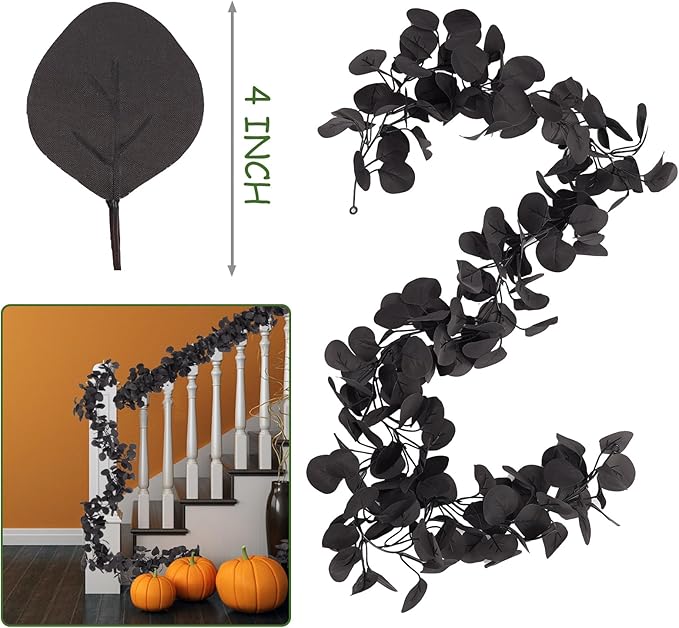 2 Pack Artificial Eucalyptus Garland, 5.91FT Faux Black Eucalyptus Leaves Vines for Wedding Arch, Table Centerpiece, Wall Decor, Indoor Outdoor Party Fireplace Backdrop Halloween Decoration